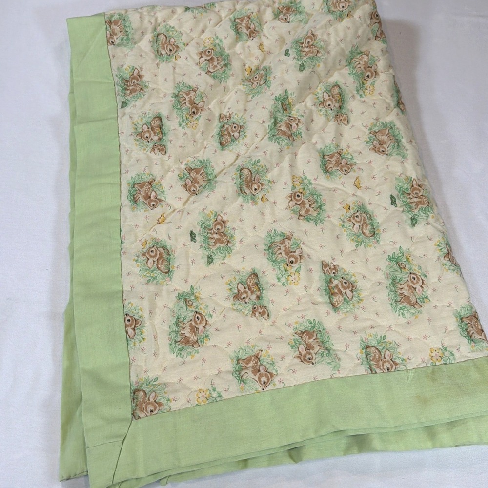 Vintage Handmade Baby Quilt Blanket Fawn Deer Nursery Green Trim Cottage